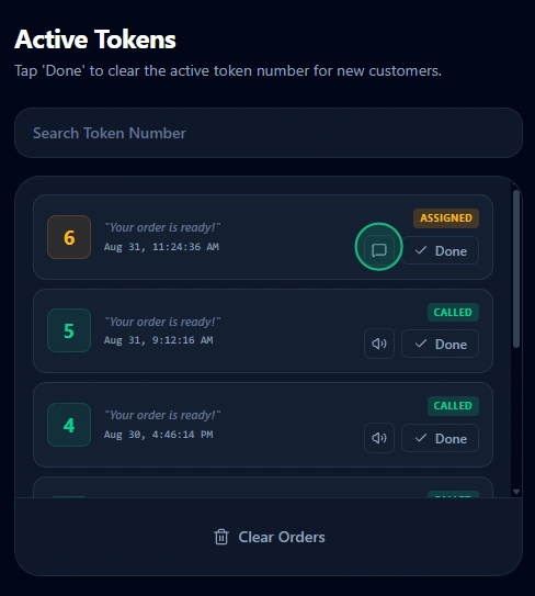 Active Tokens panel showing Token 6 with the message icon circled in emerald green